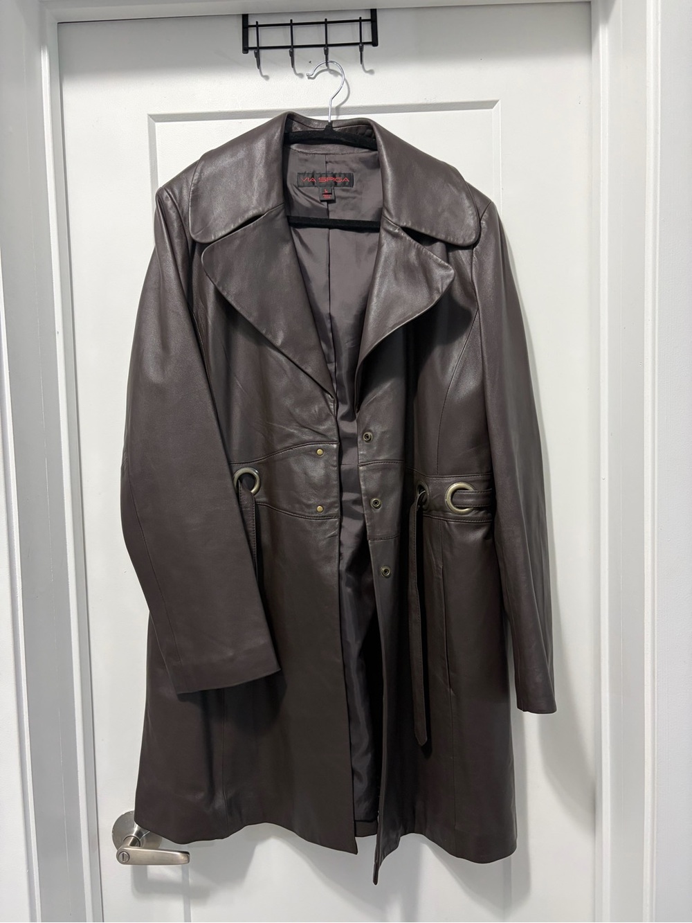 Via Spiga Genuine Lambskin Leather Trench Coat Brown Belted Y2K (L) - Picture 2 of 10